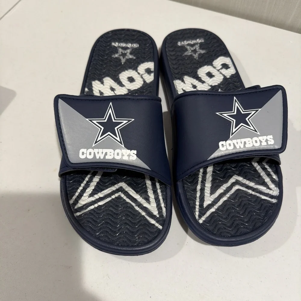 NFL Dallas Cowboys Mens L 11-12 Color block Big Logo Gel Slides New